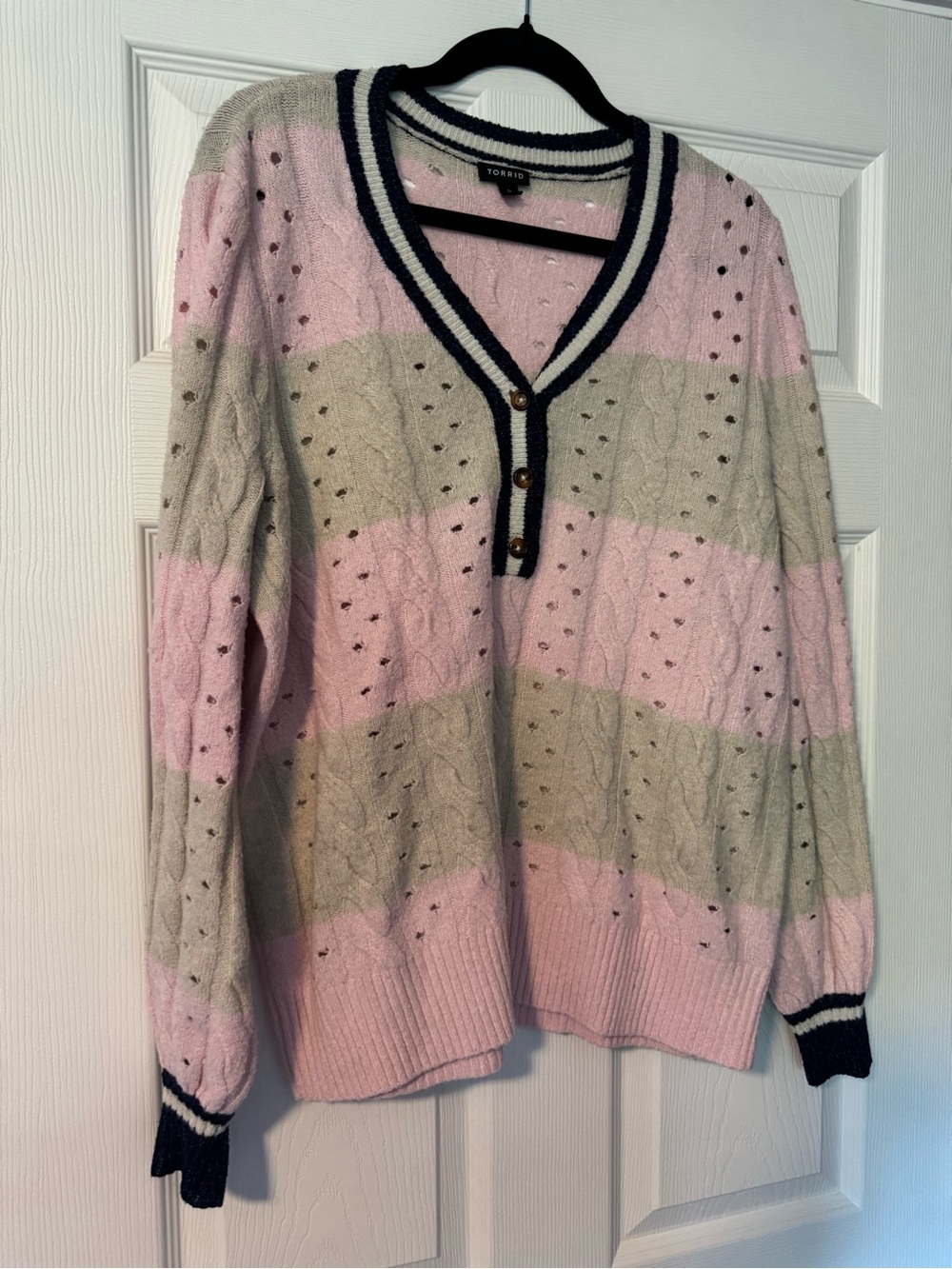 torrid Pink and Taupe Striped V‑Neck Button Cable Knit Sweater